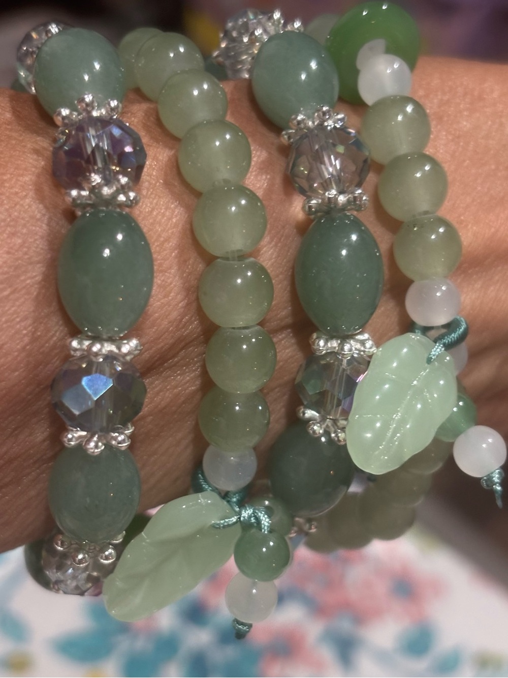 Gorgeous Green Jade Like Oval & Round Beaded Bracelets W/Leafs Charms & Accents